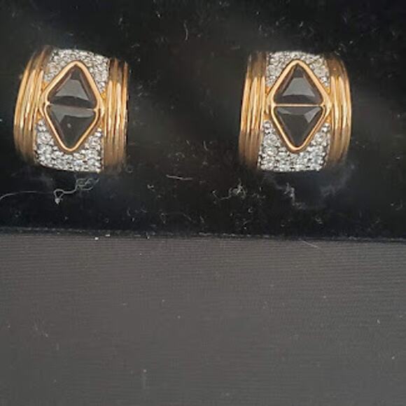 Swarovski Gold Plated Clip-on Earrings with Black and Clear Stones Swan Signed - Picture 1 of 7